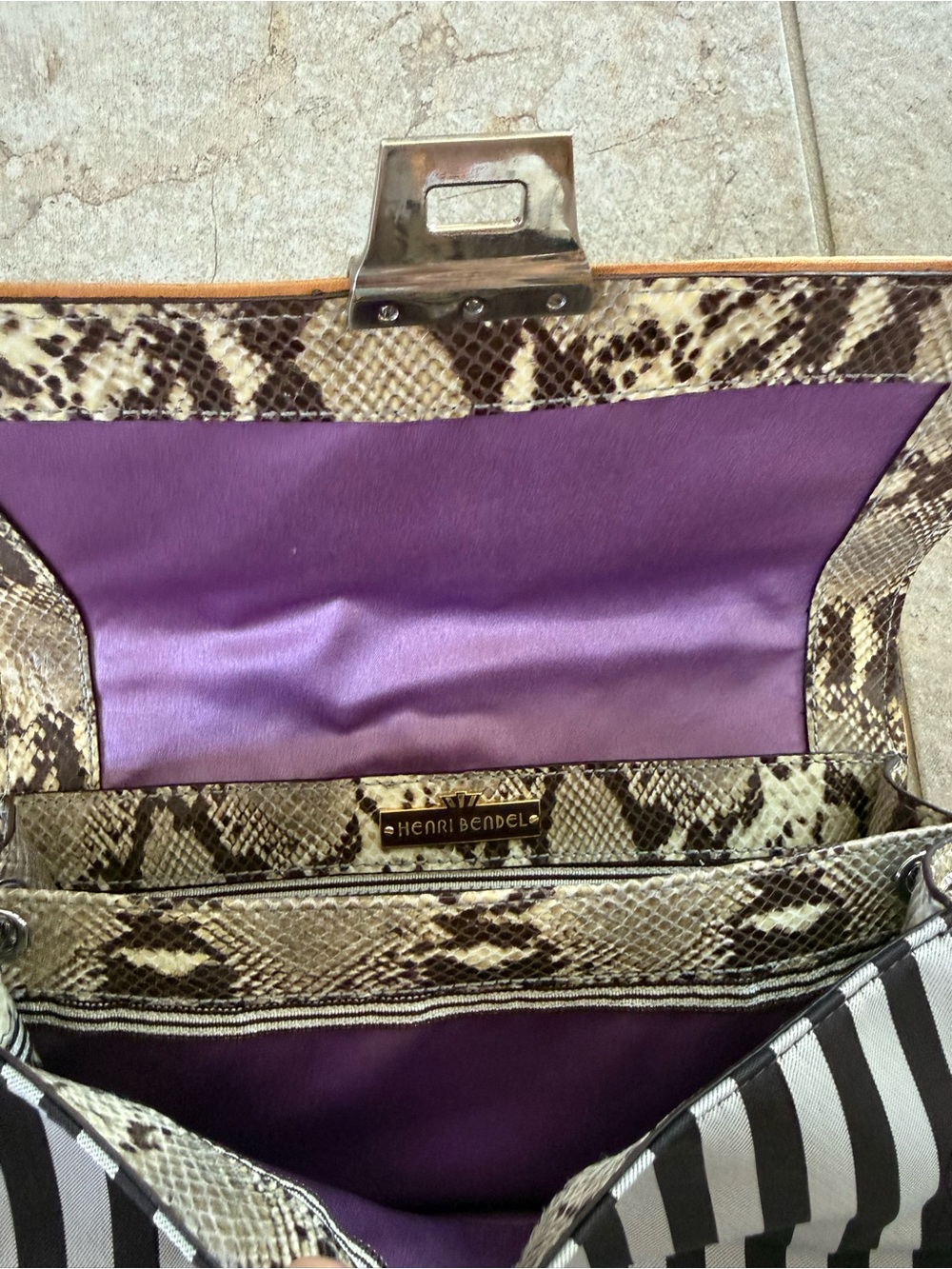 henri bendel Cream & Tan Crossbody Bag with Black & White Stripe Trim - Picture 6 of 6